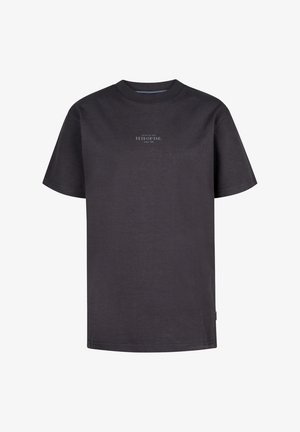 Zwarte katoenen t-shirt met een ronde halslijn, korte mouwen en een bedrukte logo aan de voorkant. Rechte zoom en zacht textuur.