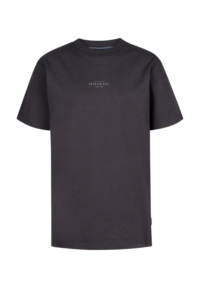 Zwarte katoenen t-shirt met een ronde halslijn, korte mouwen en een bedrukte logo aan de voorkant. Rechte zoom en zacht textuur.