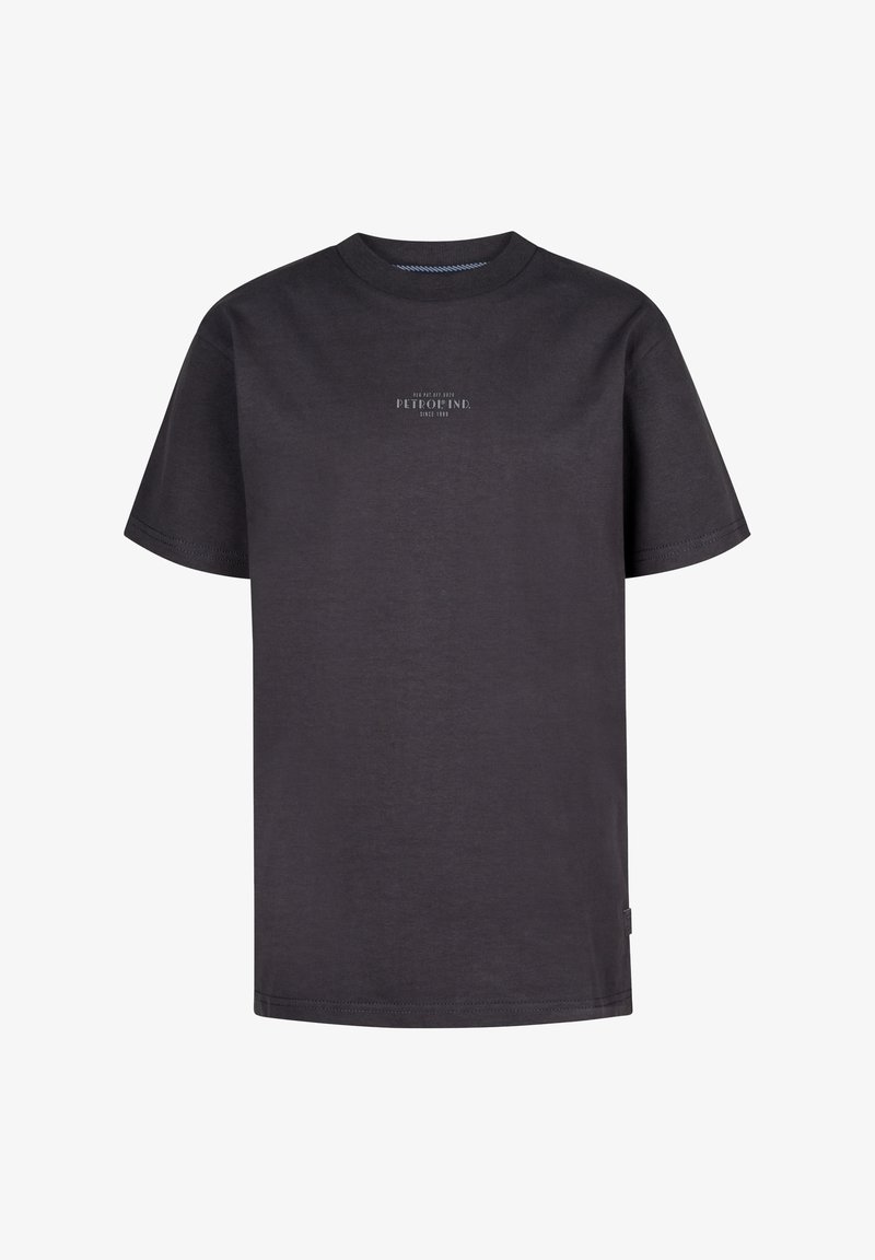 Schwarzes Baumwoll-T-Shirt mit rundem Ausschnitt, kurzen Ärmeln und einem bedruckten Logo auf der Vorderseite. Gerader Saum und weiche Textur.