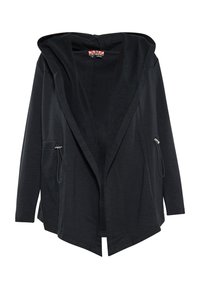 Cardigan nero con cappuccio, dalla vestibilità ampia, con tasche laterali e dettagli in zip. Realizzato in un tessuto morbido, presenta un design con collo drappeggiato.