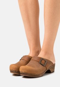 Sabots en cuir marron avec une large sangle et une boucle en métal ajustable. Bout arrondi et semelle texturée avec des détails de couture subtils.