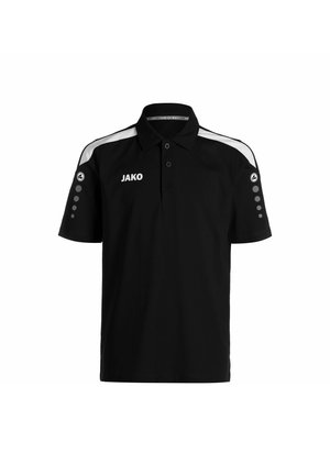 Polo nero realizzato in tessuto traspirante con colletto dritto, due bottoni, accenti bianchi sulle spalle e sei dettagli circolari sulle maniche.