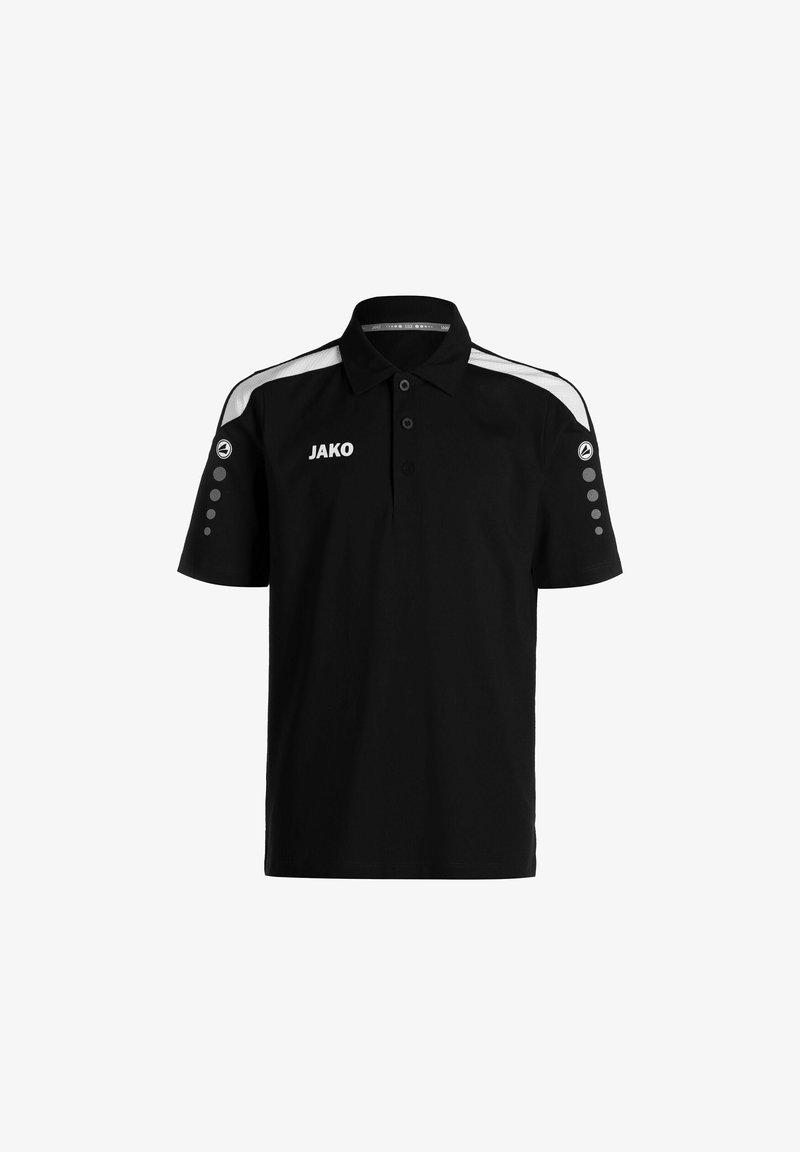 Polo nero realizzato in tessuto traspirante con colletto dritto, due bottoni, accenti bianchi sulle spalle e sei dettagli circolari sulle maniche.