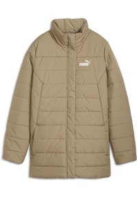 Beige puffer jakk, millel on kõrge krae, tikandiga disain ja valge Puma logo vasakul rinnal. Sile tekstuur, keskmise pikkusega varrukad.