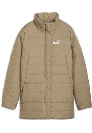 Giacca imbottita beige con collo alto, design trapuntato e logo Puma bianco sul lato sinistro del petto. Texture liscia, maniche di lunghezza media.