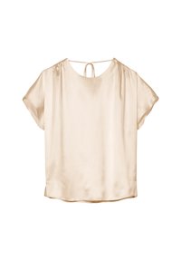 Beige Satinbluse mit kurzen Ärmeln, lockerer Passform, rundem Ausschnitt und einer Schleifendetail auf der Rückseite. Glatte Textur und dezenter Glanz.