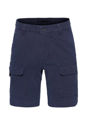 Mörkblå cargoshorts med två framfickor och två sidfickor, tillverkade av bomull, med knappstängning och rak ben-design.