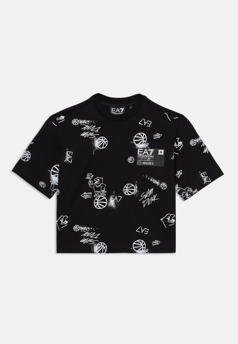 T-shirt nera in cotone con stampe grafiche bianche, comprese palle da basket e personaggi dei cartoni animati, con collo a giro e maniche corte.