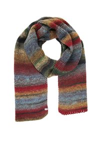 Écharpe tricotée avec des rayures horizontales multicolores en bleu, rouge, vert et jaune. Texture douce avec un détail à bords festonnés.