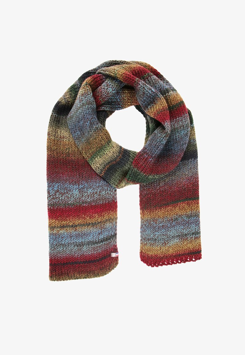 Écharpe tricotée avec des rayures horizontales multicolores en bleu, rouge, vert et jaune. Texture douce avec un détail à bords festonnés.