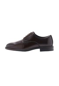 Brown leather dress shoe with a smooth finish, rounded toe, and six eyelets. Features a low heel and subtle stitching along the sides.