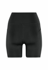 Mustad kõrge vöökohaga spordipüksid küljetaskute ja nähtava õmblusega, loodud tihedaks ja paindlikuks sobivuseks.