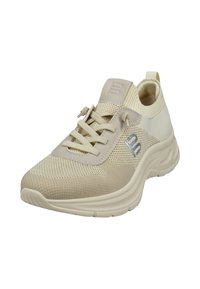Beige Sporteinschuh mit einem Obermaterial aus Mesh, strukturierten synthetischen Akzenten und flachen Schnürsenkeln. Verfügt über einen gepolsterten Schaft und eine dicke, gepolsterte Sohle.