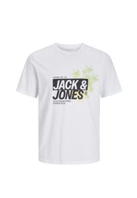 T-shirt bianco in cotone con logo stampato nero e verde, con il testo "JACK & JONES" e accenti di foglia di palma. Maniche corte.