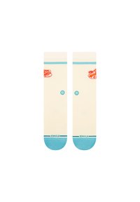 Cream-colored socks with blue accents at the top and toe, featuring red graphic designs and a small blue dot pattern.