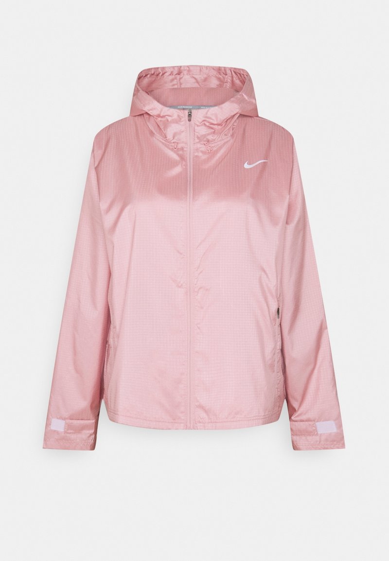 Coupe-vent à capuche rose clair Nike avec fermeture éclair intégrale à l'avant et poignets réglables.
