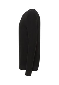 Schwarzer Langarmpullover mit geripptem Design, slim fit und Rundhalsausschnitt, seitlich präsentiert.