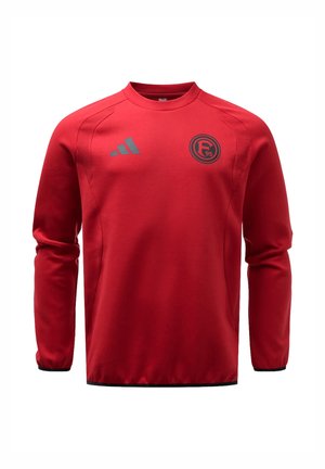 Felpa sportiva rossa a maniche lunghe con bordatura nera, logo Adidas sul petto destro e stemma circolare della squadra F95 sul petto sinistro.