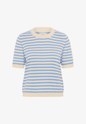 Stribet striktop i lyseblå og cremefarver, korte ærmer, rund hals og en blød tekstur med en afslappet pasform.