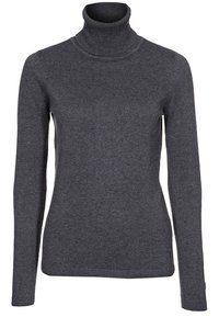 Maglione grigio a collo alto realizzato in un tessuto morbido, con maniche lunghe, design aderente e texture a coste sul colletto e sui polsini.