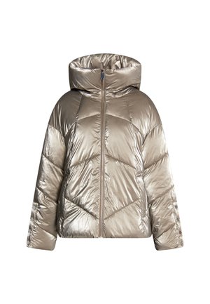 Metalická béžová péřová bunda s vysokým límcem, symetrickým prošíváním, předním zipem a dlouhými rukávy. Hladký, lesklý povrch.