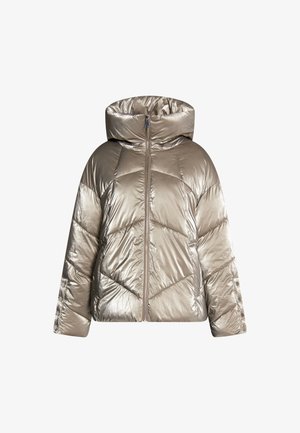 Metalická béžová péřová bunda s vysokým límcem, symetrickým prošíváním, předním zipem a dlouhými rukávy. Hladký, lesklý povrch.