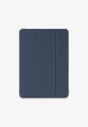 Dunkelblaue Tablethülle mit drei vertikalen Faltlinien und abgerundeten Ecken auf einem weißen Hintergrund.