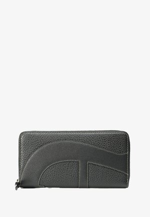 Black leather wallet featuring a textured surface, curved design elements, contrasting stitching, and a zip closure along the top edge.