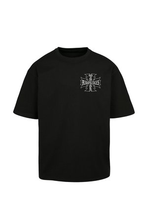 Fekete, pamut póló kerek nyakkivágással. Bal mellkason fehér grafikai mintával. Rövid ujjú, laza fazon. Nincs látható minta.