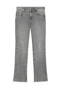 Jeans de mezclilla gris con un diseño de pierna recta. Decorados con pequeñas incrustaciones transparentes dispersas en la parte delantera. Incluyen cinco bolsillos.