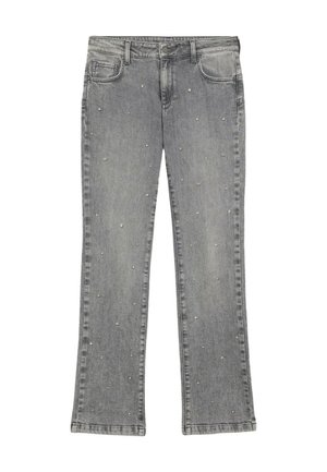 Jeans in denim grigio con design a gamba dritta. Decorati con piccoli dettagli trasparenti sparsi sulla parte anteriore. Inclusi cinque tasche.