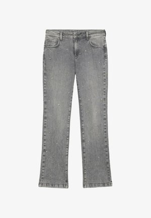 Jeans de mezclilla gris con un diseño de pierna recta. Decorados con pequeñas incrustaciones transparentes dispersas en la parte delantera. Incluyen cinco bolsillos.