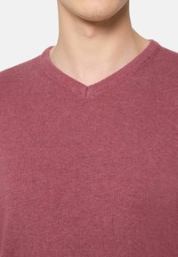 Pulover cu decolteu în V, de culoare roșie închisă, realizat dintr-un material tricotat moale, cu o textură netedă și un detaliu discret de cusătură aproape de gât.