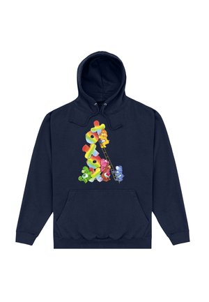 Marineblauer Hoodie mit einem bunten Grafikdesign von Cartoonbären und Formen, mit einer Fronttasche und Kapuze mit Zugband. Weicher Stoff.