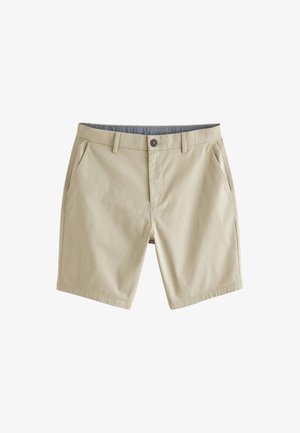 Shorts décontractés beiges pour hommes avec bouton sur le devant, passants de ceinture, poches latérales et ourlets droits, présentés sur fond blanc.