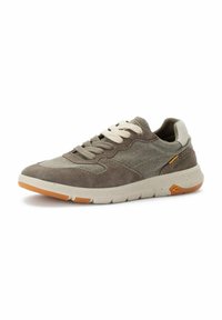 Grau-suede und Stoff-Sneaker mit cremefarbenen Schnürsenkeln, Gummisohle und orangen Akzenten. Verfügt über eine sportliche Silhouette und ein strukturiertes Design.