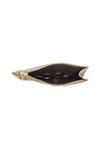Goldfarbene Münztasche mit einem glatten Textur. Das Innere zeigt ein dunkles Stofffutter und mehrere Münzen, was das kompakte Design für die Aufbewahrung demonstriert.