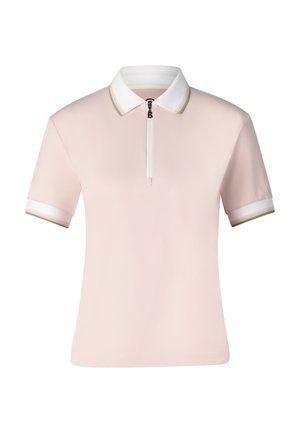 Világos rózsaszín rövid ujjú galléros póló fehér gallérral, fehér ujjvégekkel és elöl egy rövid cipzárral fekete húzófüllel.