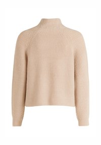 Beige geripptes Strickoberteil mit einem hohen Kragen, gekrümmten Raglanärmeln und einer lockeren Passform. Strukturierter, weicher Stoff mit dezentem Muster.