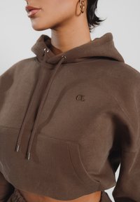Braune cropped Kapuzen sweatshirt mit verstellbarem Kordelzug und einer Fronttasche, versehen mit einem dezenten Logo, das auf der Brust gestickt ist. Glatte Stofftextur.