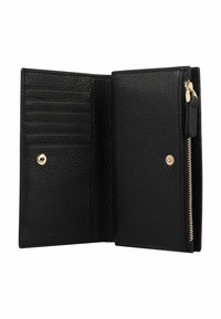 Portafoglio in pelle nera con una finitura texturizzata, dotato di più scomparti per carte, una chiusura a scatto e un compartimento con zip sul lato.