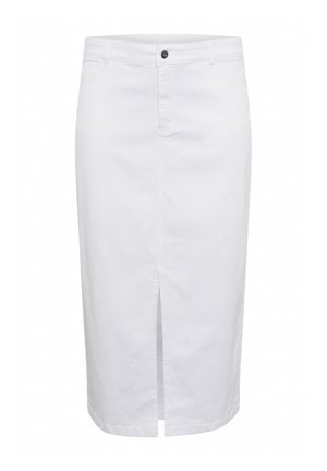 White denim knee-length skirt with a front slit, button waist closure, and two front pockets. Smooth texture, casual design.
