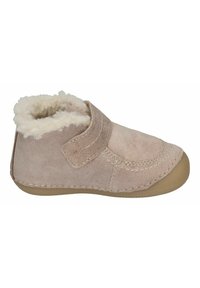 Stivale in suede rosa chiaro con fodera in morbido pile e cinturino in Velcro. Punta arrotondata e suola in gomma flessibile, progettato per comfort e supporto.