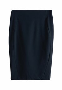 Gonna a matita blu navy scuro con una silhouette slanciata, caratterizzata da una texture liscia e due pannelli laterali discreti per definire la forma.
