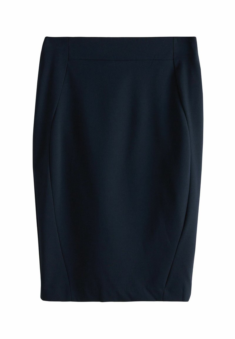 Gonna a matita blu navy scuro con una silhouette slanciata, caratterizzata da una texture liscia e due pannelli laterali discreti per definire la forma.