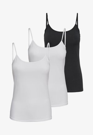 Three camisoles in black and white. Soft cotton material, fitted design, spaghetti straps, and a smooth texture.
