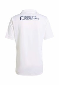 Hvid polo-shirt lavet af glat stof, med korte ærmer og krave. På bagsiden vises et blåt "SOCIETE GENERALE" logo.