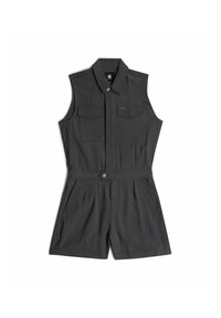 Salopette grigia senza maniche con due tasche sul petto, zip frontale, chiusura a bottone e tasche laterali; realizzata in tessuto resistente.