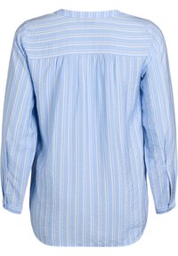 Vaaleansininen pitkähihainen paita, jossa on valkoiset pystyrivit, takasauman muotoilu, kootut yksityiskohdat ja napitetut hihansuut. Pehmeä kankaan rakenne.