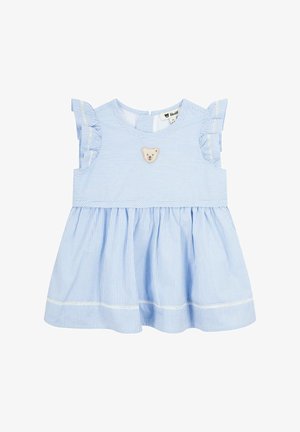 Vestito a righe azzurro chiaro con maniche a volant, scollatura tonda e un'applicazione di orso sul petto. Caratterizzato da una gonna arricciata e dettagli in bianco.